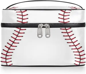 Large Makeup Bag Baseball Cosmetic Bag, White Travel Toiletry Bag for Women Cute Red Stitching Skincare Pouches for Organization with Handle,Portable Aesthetic Makeup Box Organizer Case for Girls