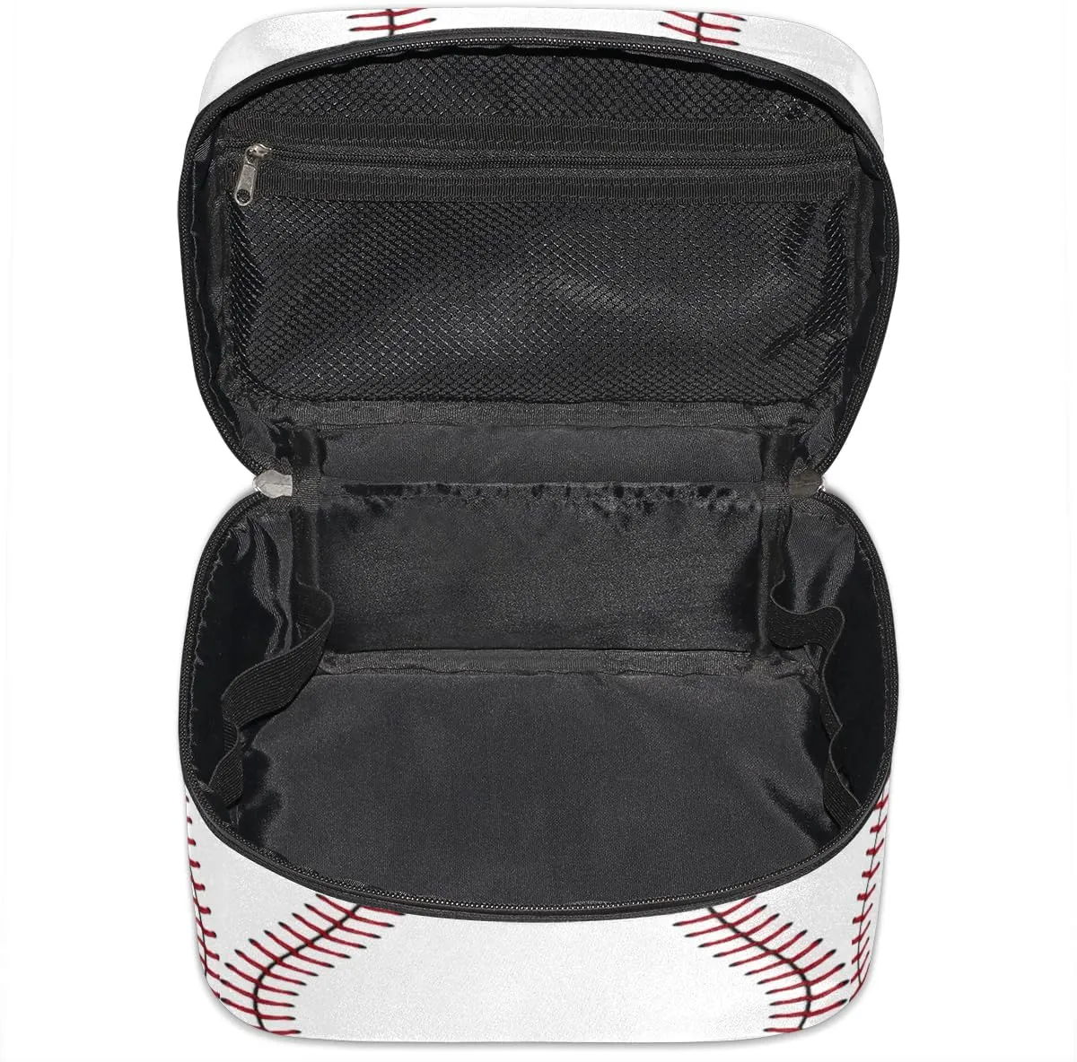 Large Makeup Bag Baseball Cosmetic Bag, White Travel Toiletry Bag for Women Cute Red Stitching Skincare Pouches for Organization with Handle,Portable Aesthetic Makeup Box Organizer Case for Girls