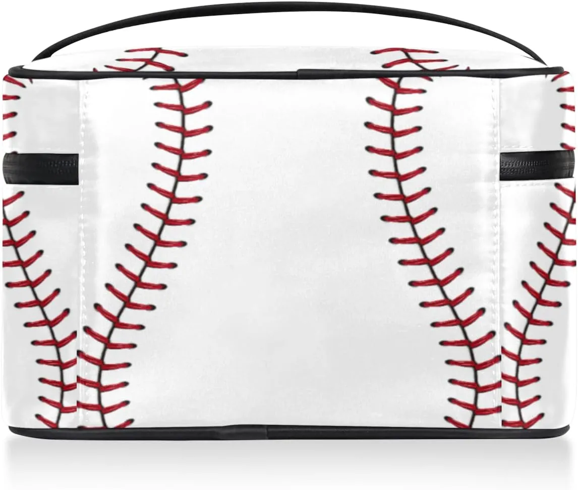 Large Makeup Bag Baseball Cosmetic Bag, White Travel Toiletry Bag for Women Cute Red Stitching Skincare Pouches for Organization with Handle,Portable Aesthetic Makeup Box Organizer Case for Girls