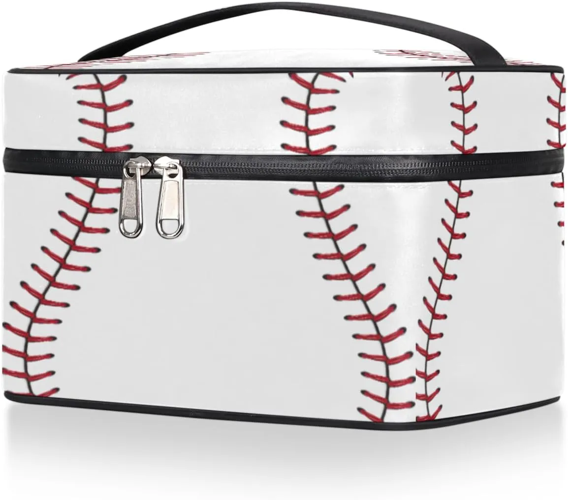 Large Makeup Bag Baseball Cosmetic Bag, White Travel Toiletry Bag for Women Cute Red Stitching Skincare Pouches for Organization with Handle,Portable Aesthetic Makeup Box Organizer Case for Girls
