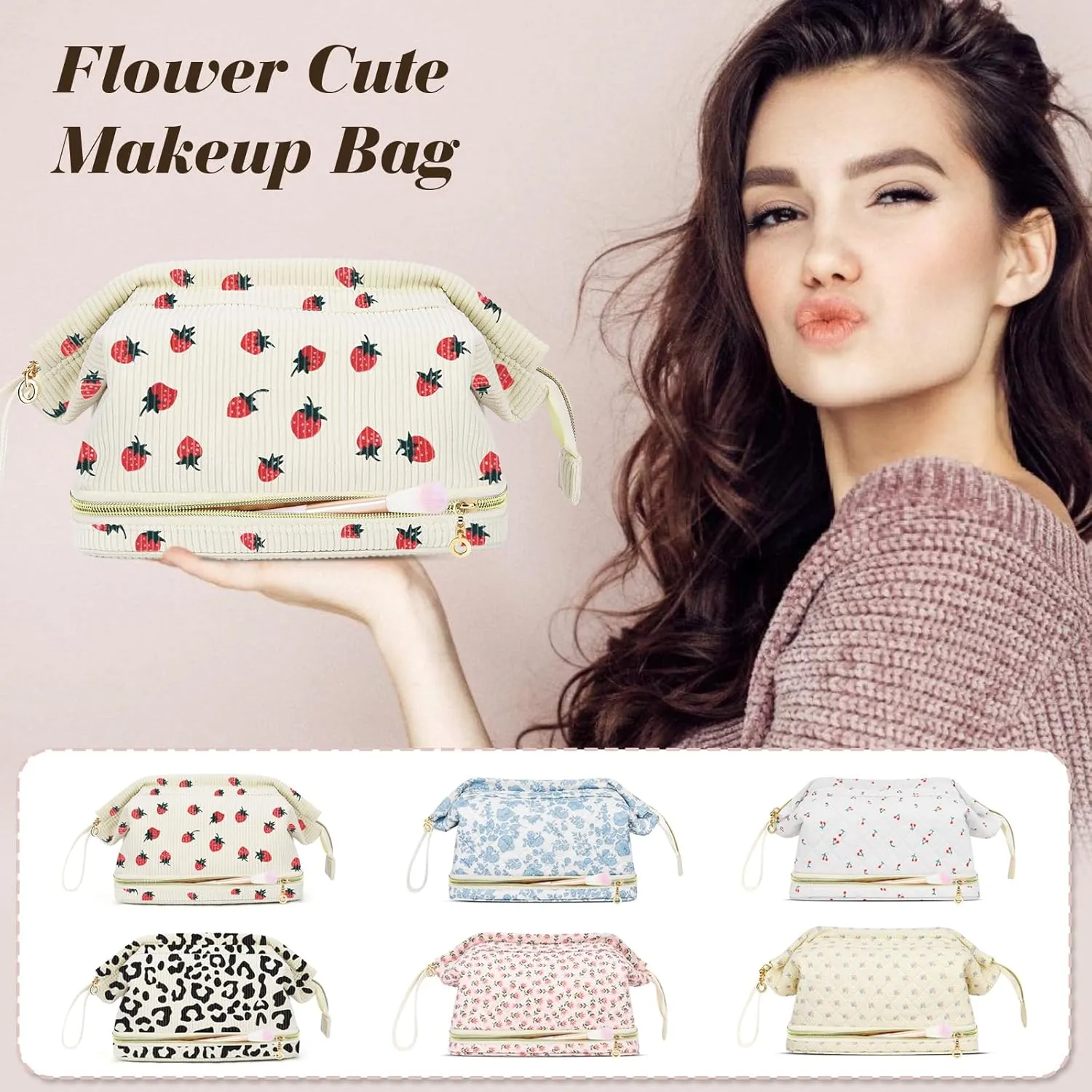 Large Makeup Bag, Quilted Cosmetic Bag, Large Floral Make Up Bag for Women, Cute Floral Skin Care Bag Double Layer Makeup Bags Flower Travel Toiletry Bag - Red Flower