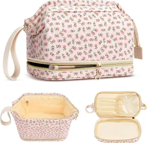 Large Makeup Bag, Quilted Cosmetic Bag, Large Floral Make Up Bag for Women, Cute Floral Skin Care Bag Double Layer Makeup Bags Flower Travel Toiletry Bag - Red Flower