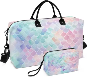 Large Travel Duffel Bag Sports Tote Gym Bag Overnight Weekender Bags Scale Pink Aqua Carry On Luggage with Toiletry Bags