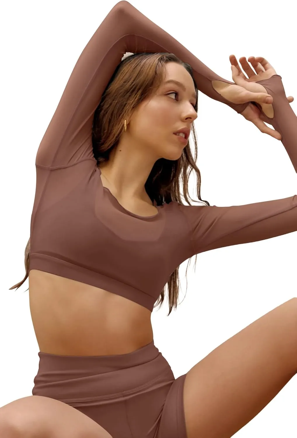 LASLULU Mesh Long Sleeve Crop Tops for Women Double Lined Workout Athletic Gym Shirts Cropped Tops with Built in Bra