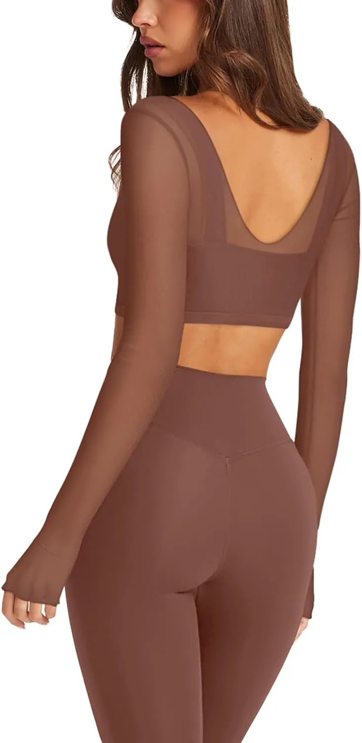 LASLULU Mesh Long Sleeve Crop Tops for Women Double Lined Workout Athletic Gym Shirts Cropped Tops with Built in Bra