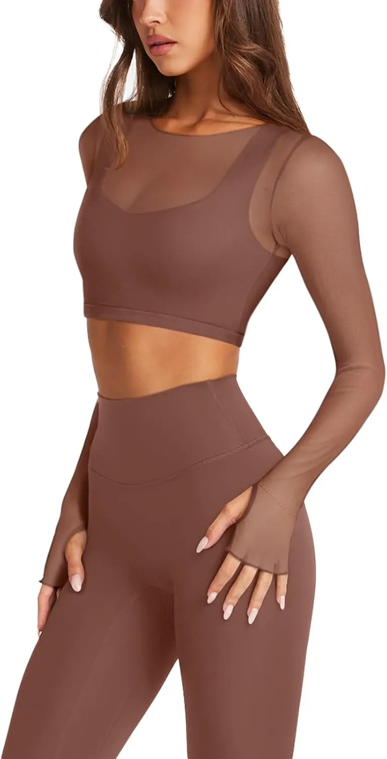 LASLULU Mesh Long Sleeve Crop Tops for Women Double Lined Workout Athletic Gym Shirts Cropped Tops with Built in Bra