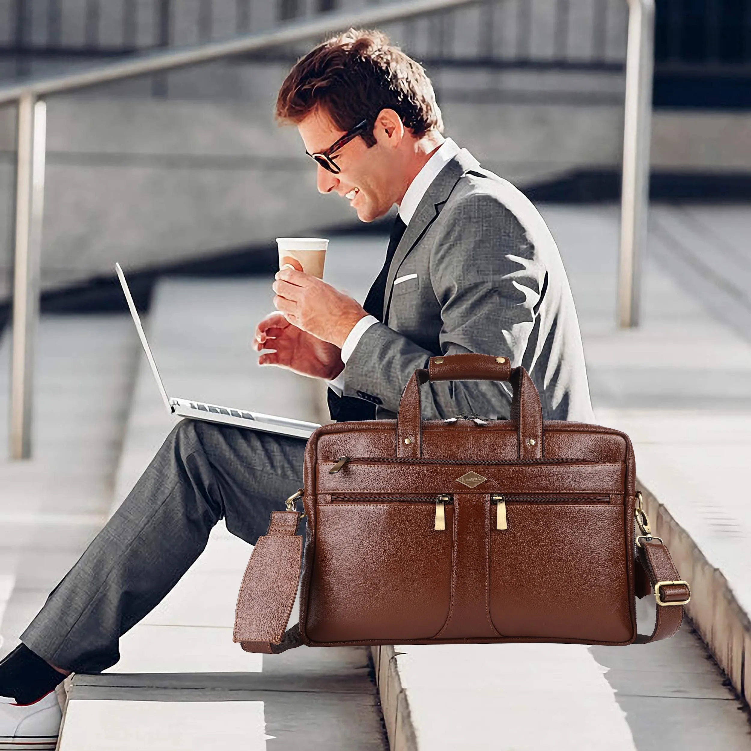 Laveri® Genuine Leather Laptop Messenger bag #2816 TAN