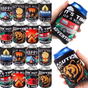 Layhit 24 Pcs Camping Can Sleeves Happy Camper Adventure Rv Camper Camping Travel 12oz Neoprene Beverage Insulated Drink Holder for Camping Picnic Mountain Campfire Tent Forest Camper Rv Outdoor