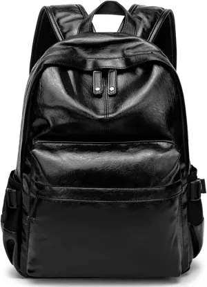 Leather Laptop Backpack for Men Women, School College Bookbag Casual Travel Daypack (Black)