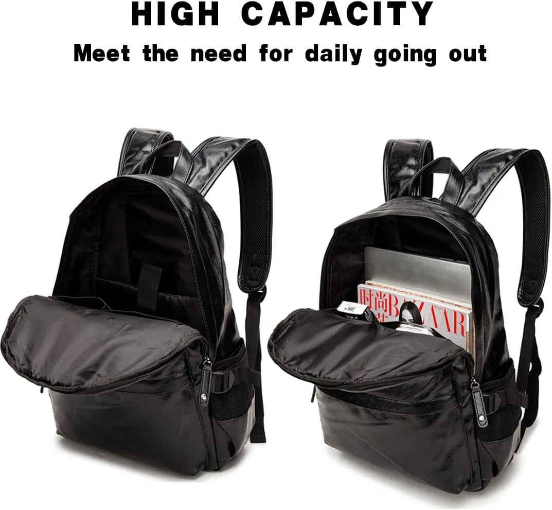 Leather Laptop Backpack for Men Women, School College Bookbag Casual Travel Daypack (Black)