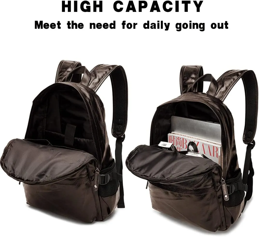 Leather Laptop Backpack for Men Women, School College Bookbag Casual Travel Daypack (Brown)