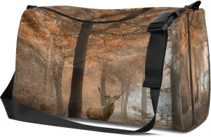 Leather Sport Gym Bag Deer In The Forest Weekender Bag for Women and Men Carry On Bag Elk Travel Duffel Bag