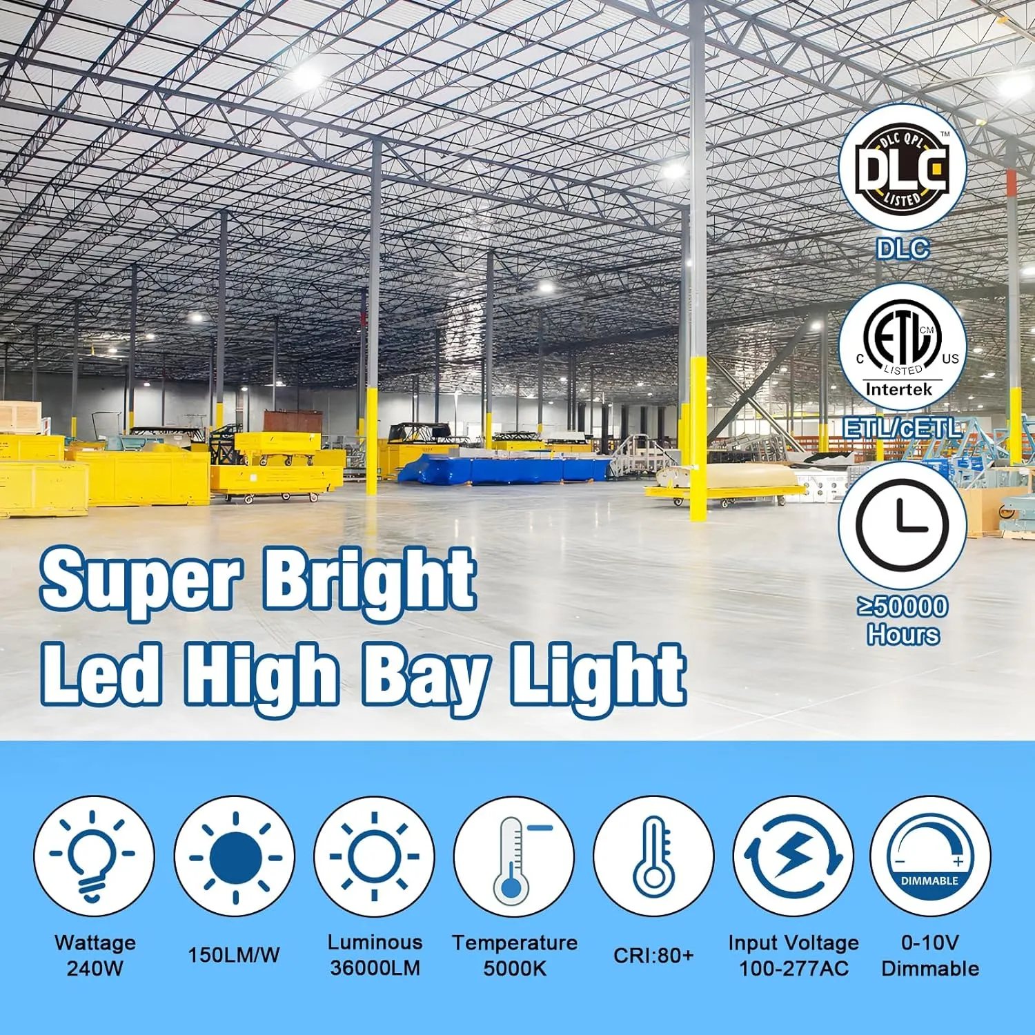 LED High Bay Light Super Bright Dimmable AC100-277V 240W 36000LM 5000K DLC/ETL Listed Lights 6ft with US Plug High Bay LED Light Warehouse Shop Barn Garage (4 Pack)