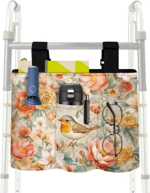 LedBack Floral Walker Storage Bags Removable Organizer Pouch Flowering Birds Portable Walker Accessories Large Capacity Storage Bag with Small Inside and Outside Pockets