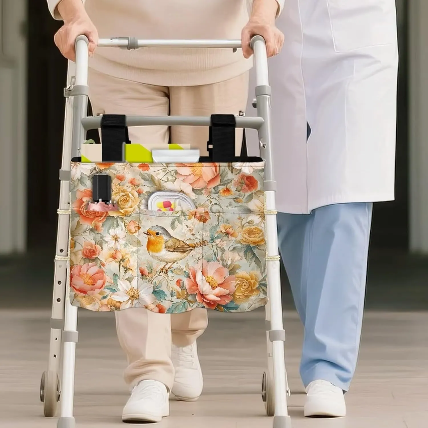 LedBack Floral Walker Storage Bags Removable Organizer Pouch Flowering Birds Portable Walker Accessories Large Capacity Storage Bag with Small Inside and Outside Pockets