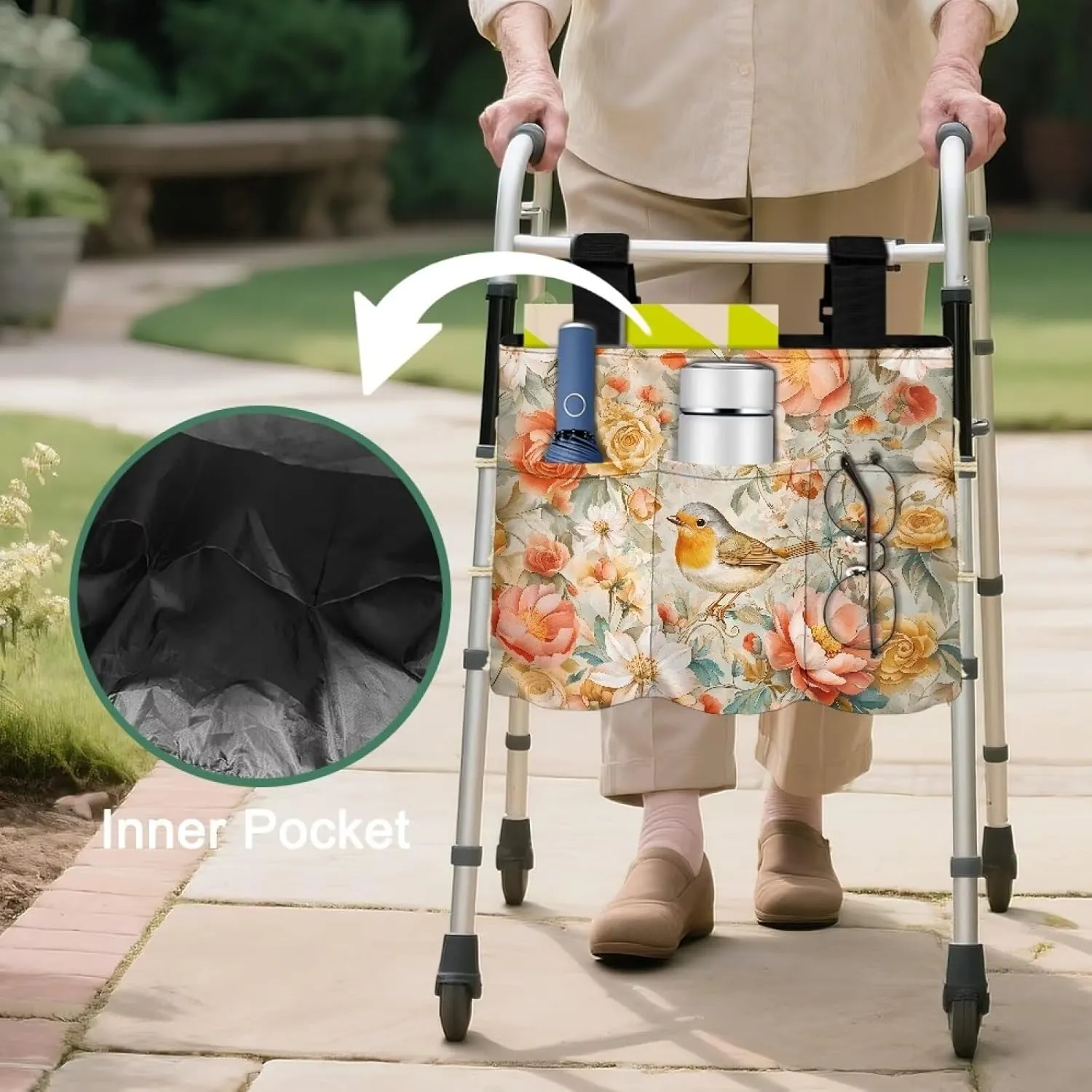 LedBack Floral Walker Storage Bags Removable Organizer Pouch Flowering Birds Portable Walker Accessories Large Capacity Storage Bag with Small Inside and Outside Pockets