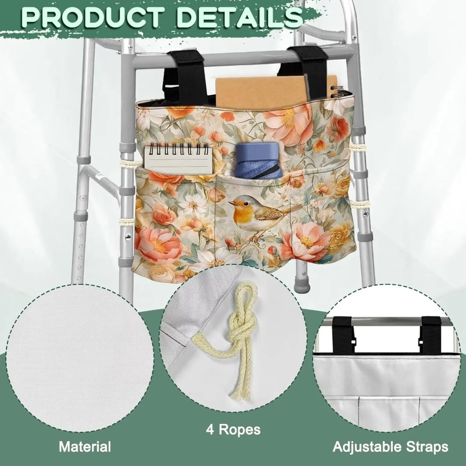 LedBack Floral Walker Storage Bags Removable Organizer Pouch Flowering Birds Portable Walker Accessories Large Capacity Storage Bag with Small Inside and Outside Pockets
