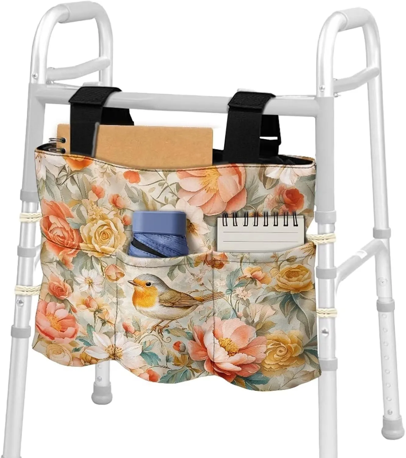 LedBack Floral Walker Storage Bags Removable Organizer Pouch Flowering Birds Portable Walker Accessories Large Capacity Storage Bag with Small Inside and Outside Pockets