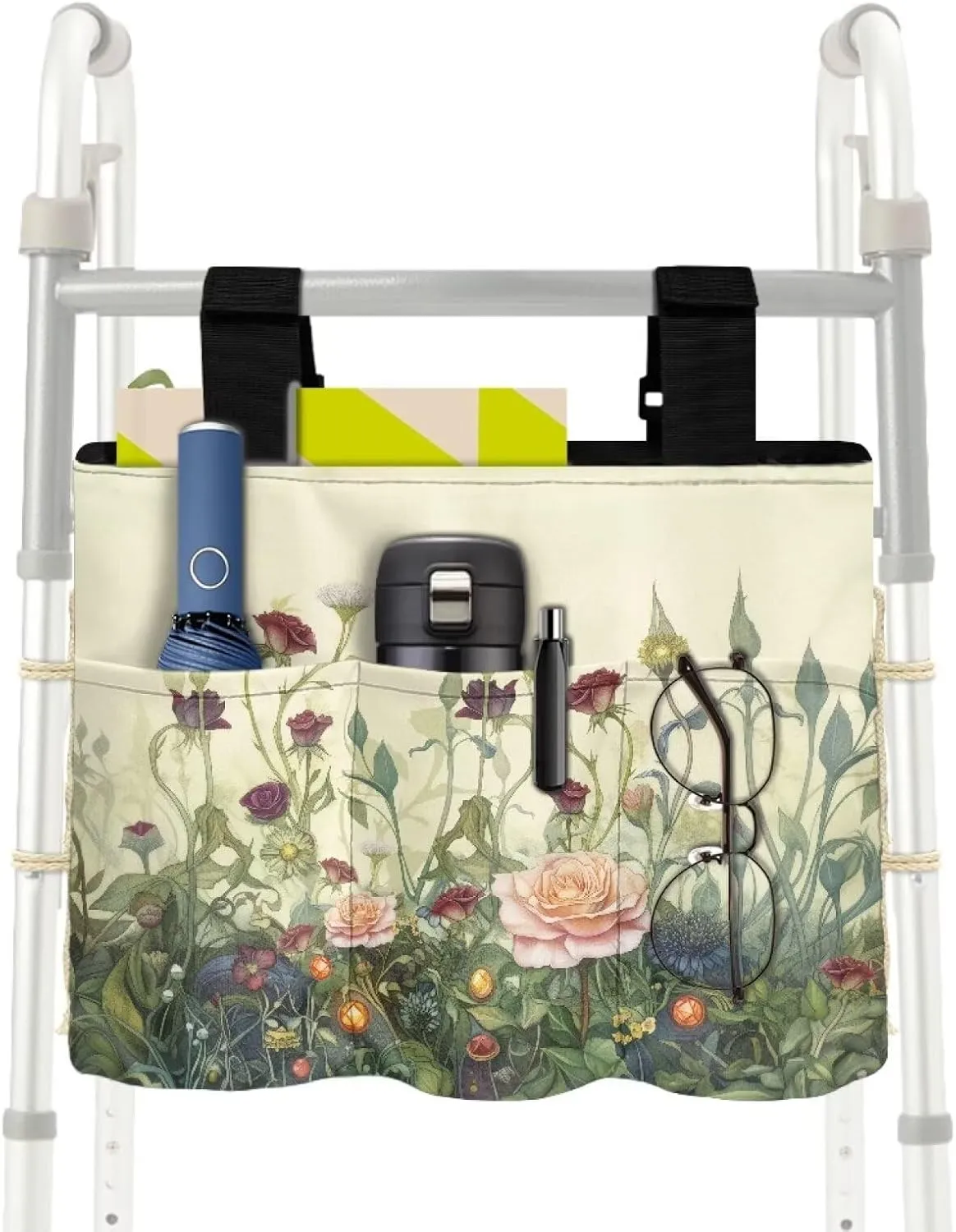 LedBack Flowers Walker Bag Large Capacity Storage Bags with Small Pockets Floral Lightweight Walker Accessories for Seniors, Easy to Install