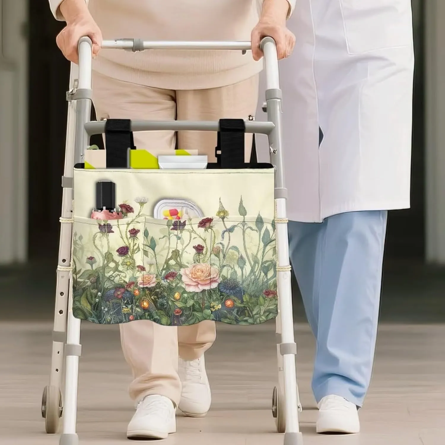 LedBack Flowers Walker Bag Large Capacity Storage Bags with Small Pockets Floral Lightweight Walker Accessories for Seniors, Easy to Install