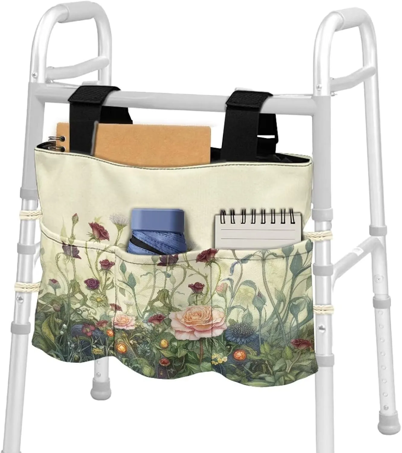LedBack Flowers Walker Bag Large Capacity Storage Bags with Small Pockets Floral Lightweight Walker Accessories for Seniors, Easy to Install