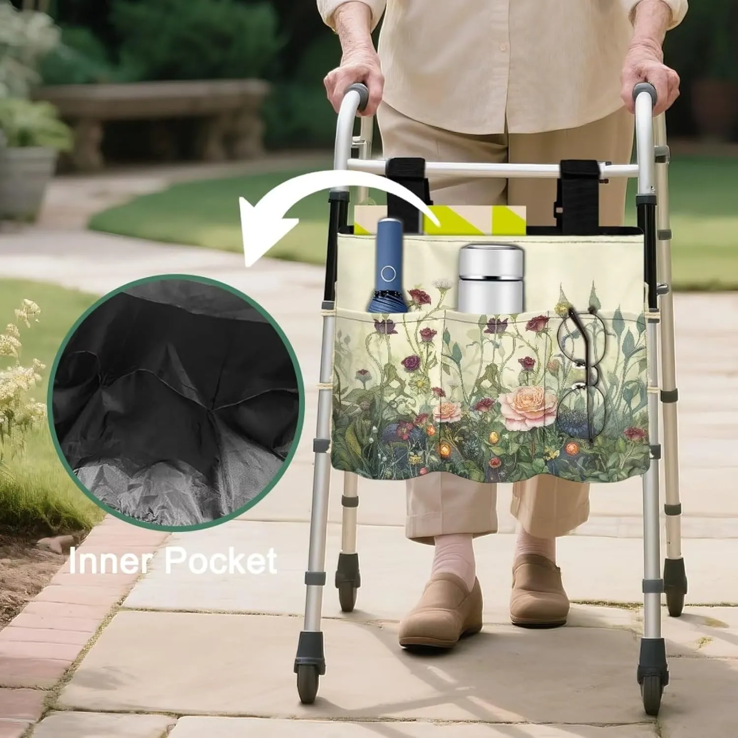 LedBack Flowers Walker Bag Large Capacity Storage Bags with Small Pockets Floral Lightweight Walker Accessories for Seniors, Easy to Install