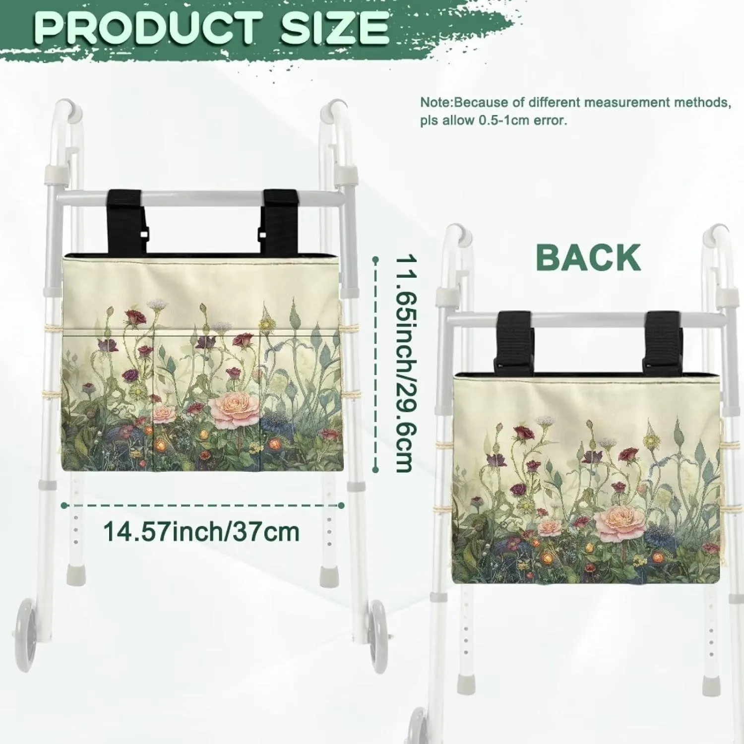 LedBack Flowers Walker Bag Large Capacity Storage Bags with Small Pockets Floral Lightweight Walker Accessories for Seniors, Easy to Install