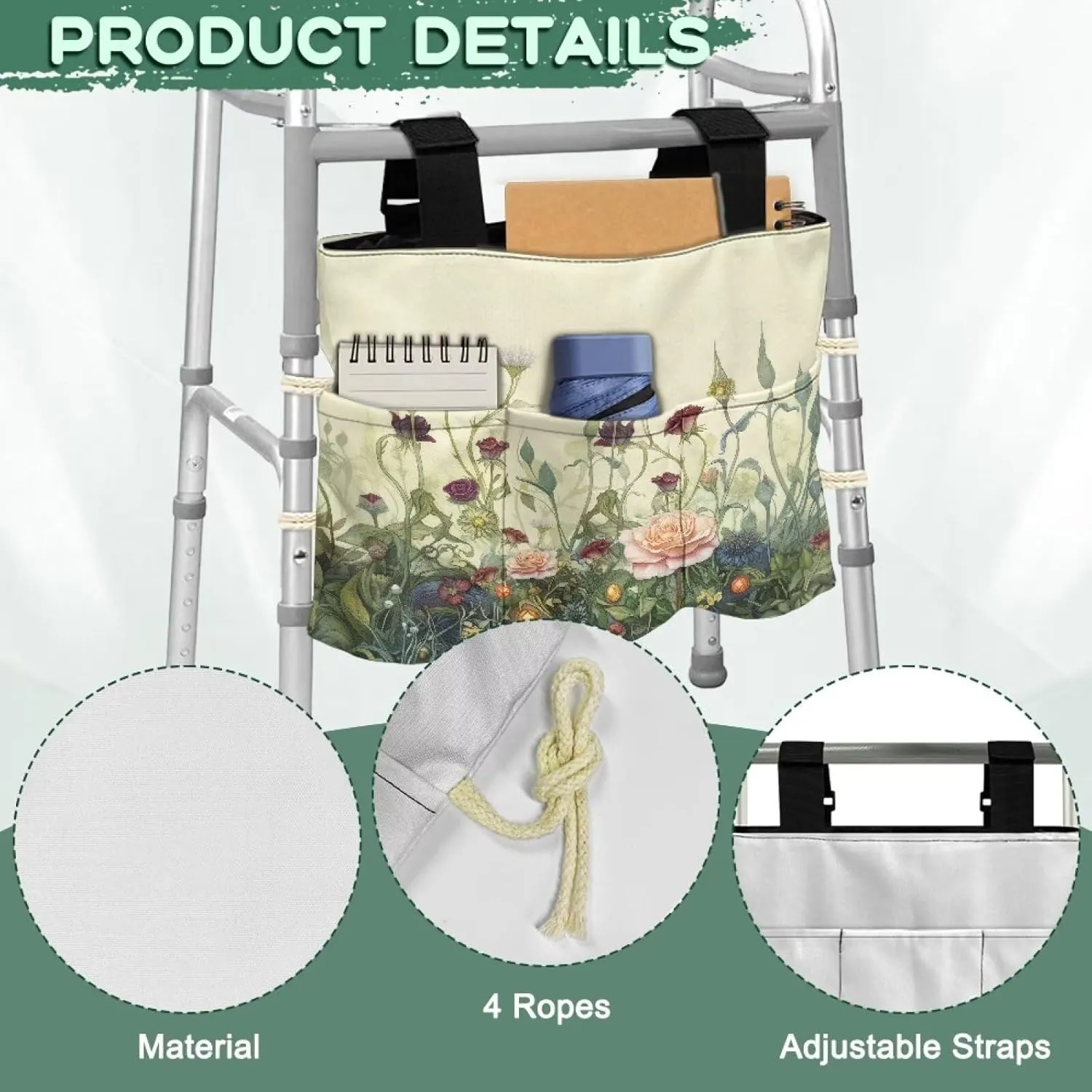 LedBack Flowers Walker Bag Large Capacity Storage Bags with Small Pockets Floral Lightweight Walker Accessories for Seniors, Easy to Install
