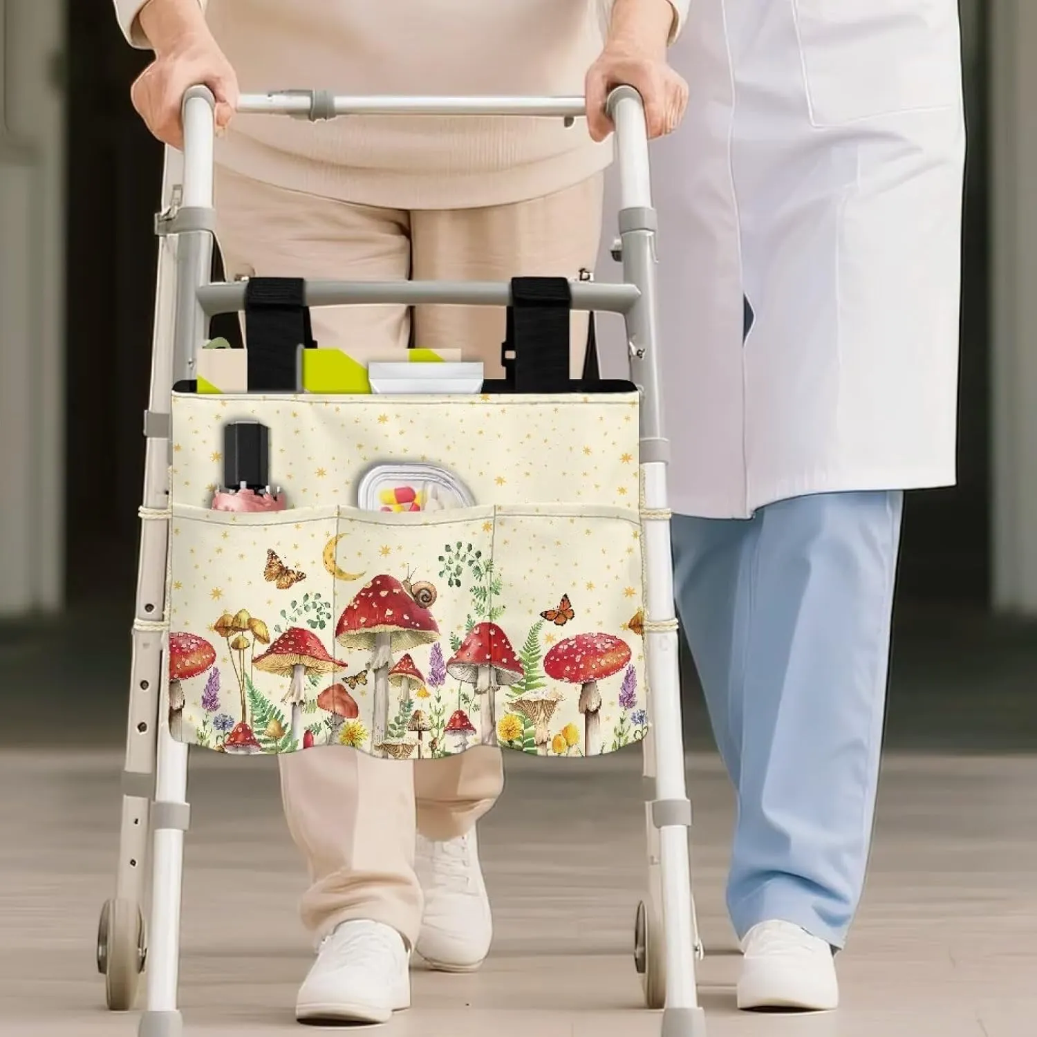 LedBack Mushrooms Pattern Walker Bag Removable Walker Accessories for Seniors Elderly, Large Capacity Storage Bags Replaceable Accessory with Adjustable Strap