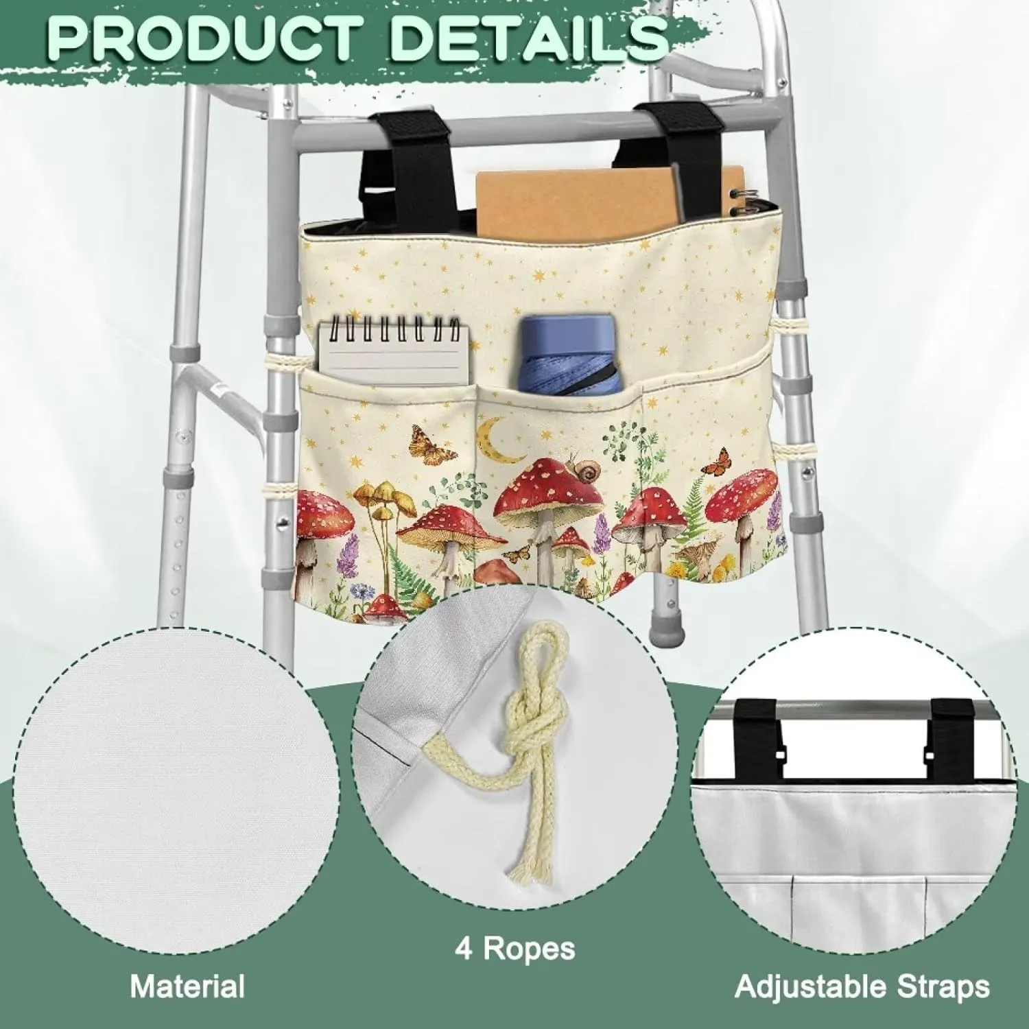 LedBack Mushrooms Pattern Walker Bag Removable Walker Accessories for Seniors Elderly, Large Capacity Storage Bags Replaceable Accessory with Adjustable Strap