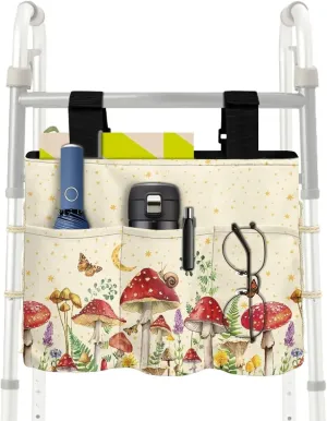 LedBack Mushrooms Pattern Walker Bag Removable Walker Accessories for Seniors Elderly, Large Capacity Storage Bags Replaceable Accessory with Adjustable Strap