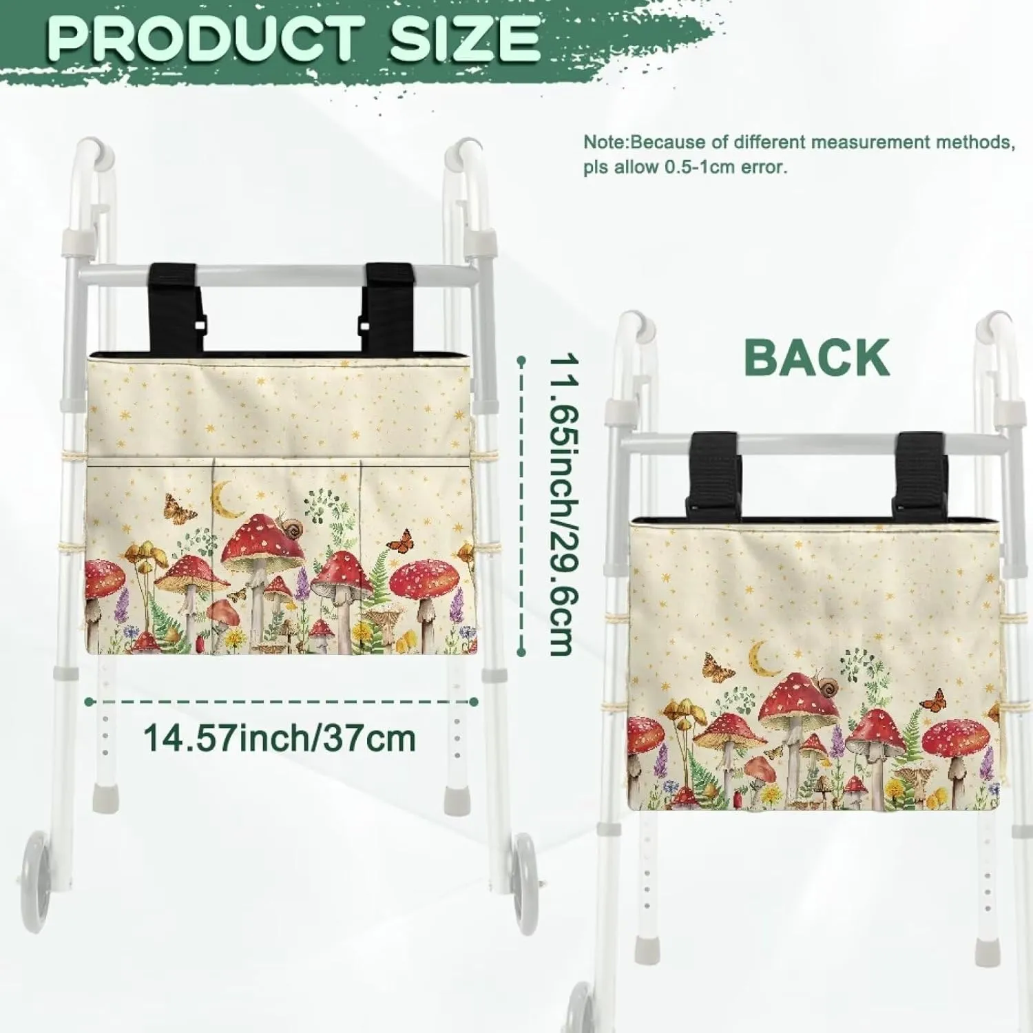LedBack Mushrooms Pattern Walker Bag Removable Walker Accessories for Seniors Elderly, Large Capacity Storage Bags Replaceable Accessory with Adjustable Strap