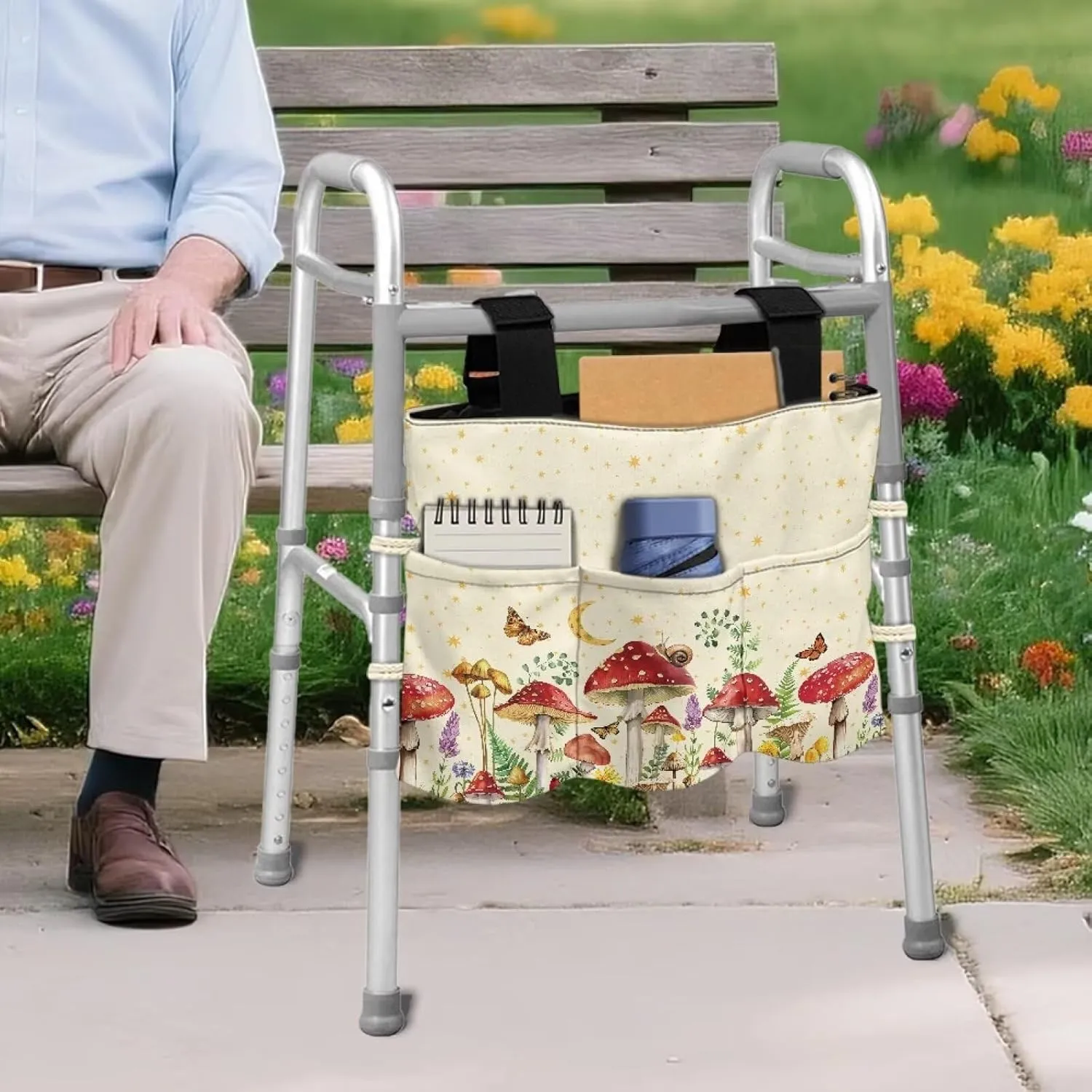 LedBack Mushrooms Pattern Walker Bag Removable Walker Accessories for Seniors Elderly, Large Capacity Storage Bags Replaceable Accessory with Adjustable Strap