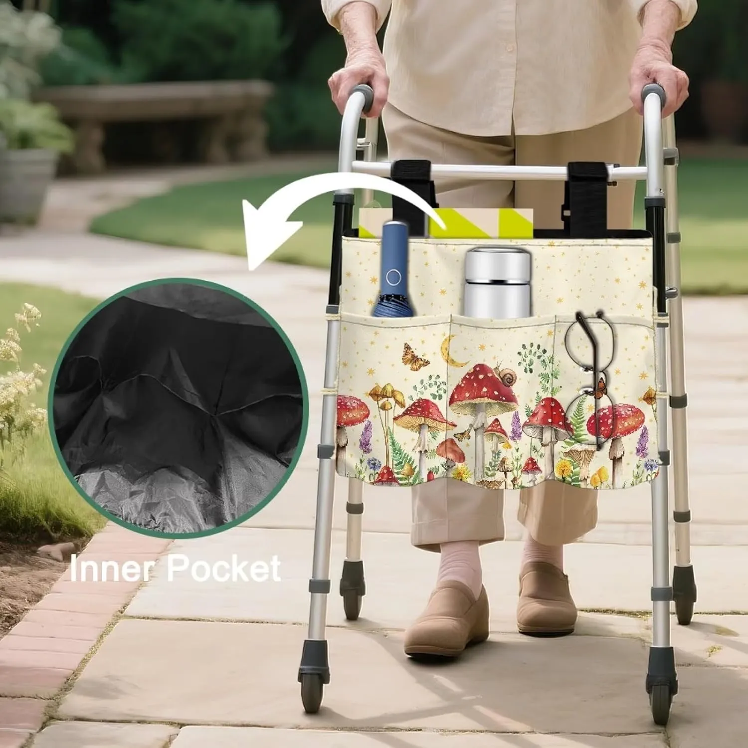 LedBack Mushrooms Pattern Walker Bag Removable Walker Accessories for Seniors Elderly, Large Capacity Storage Bags Replaceable Accessory with Adjustable Strap