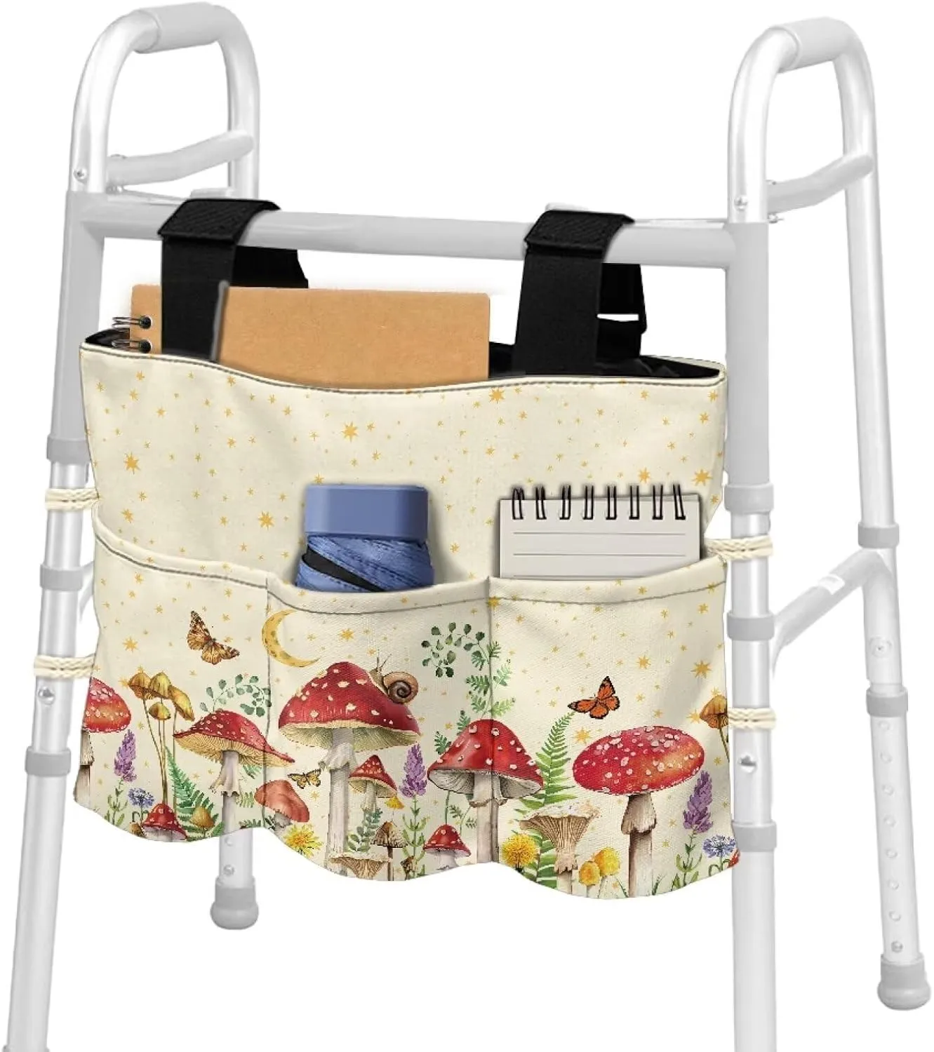 LedBack Mushrooms Pattern Walker Bag Removable Walker Accessories for Seniors Elderly, Large Capacity Storage Bags Replaceable Accessory with Adjustable Strap