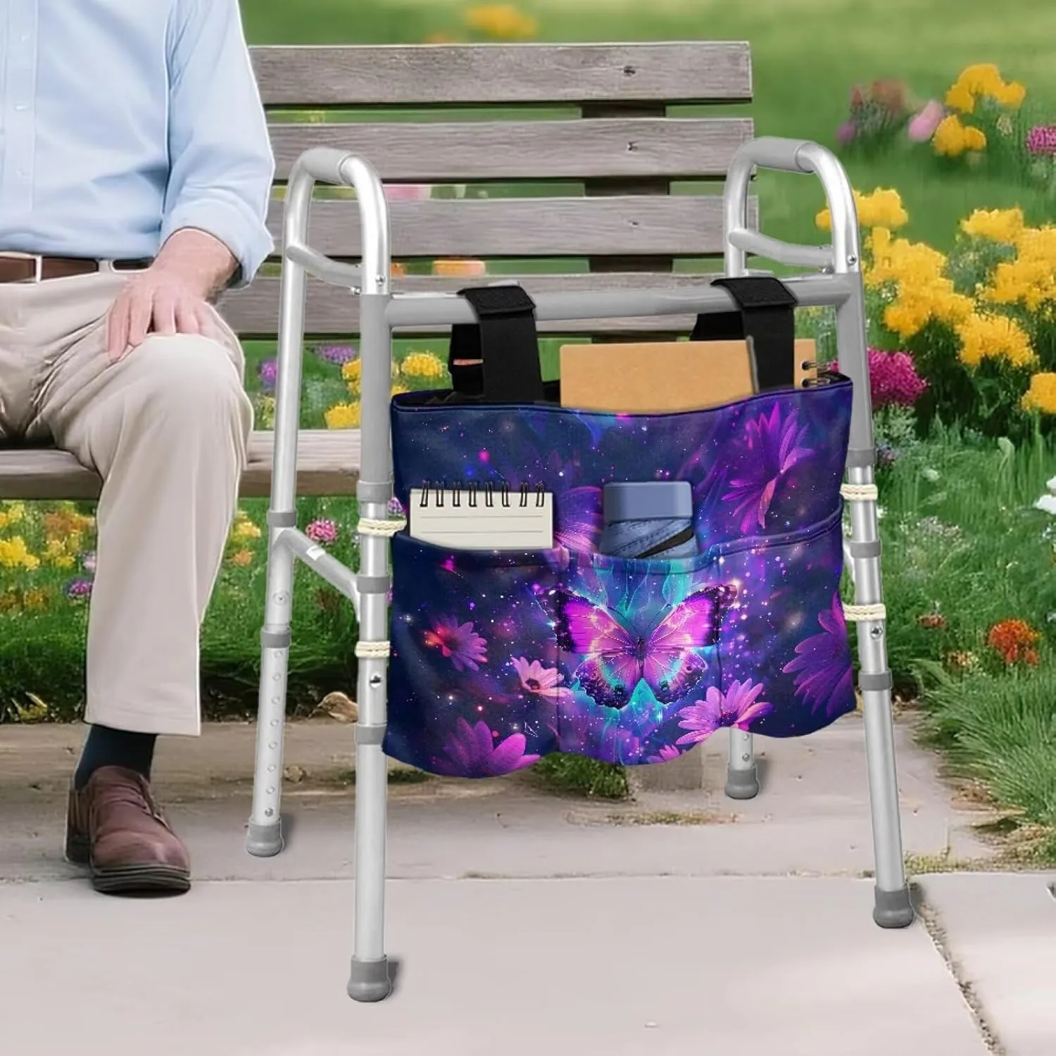 LedBack Purple Flower Butterfly Walker Bag Removable Walker Accessories for Seniors Elderly, Large Capacity Storage Bags Replaceable Accessory with Fixed Ropes