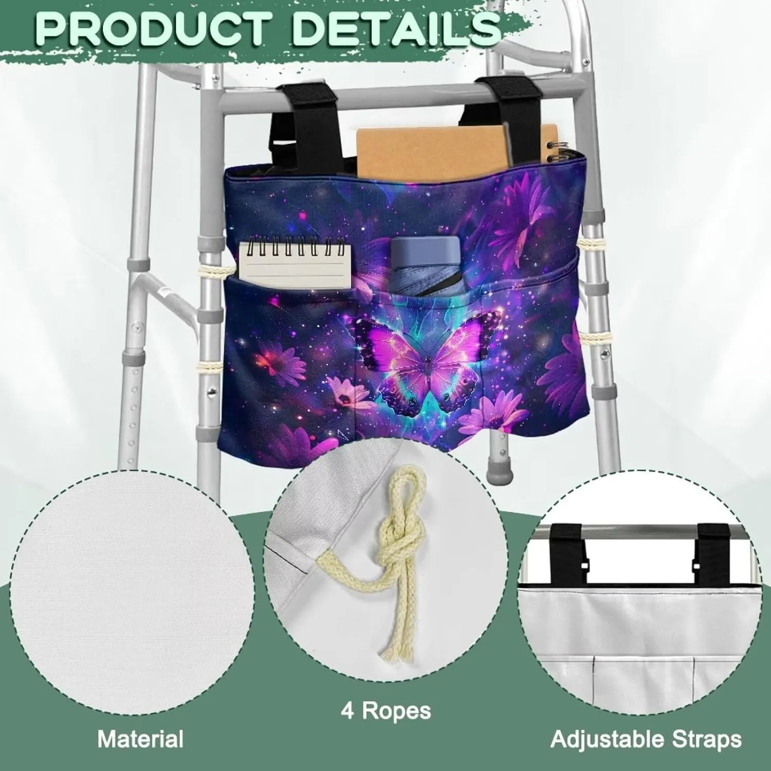LedBack Purple Flower Butterfly Walker Bag Removable Walker Accessories for Seniors Elderly, Large Capacity Storage Bags Replaceable Accessory with Fixed Ropes