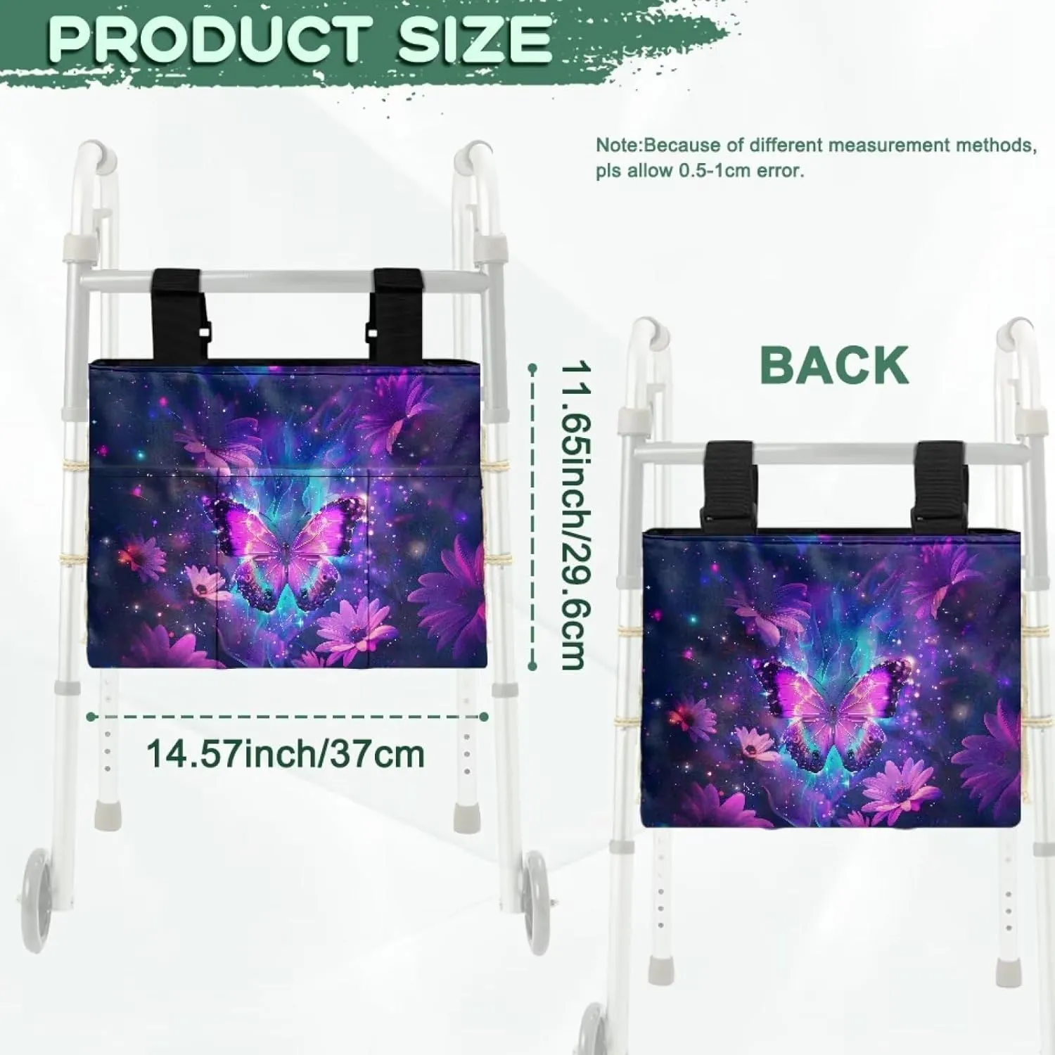 LedBack Purple Flower Butterfly Walker Bag Removable Walker Accessories for Seniors Elderly, Large Capacity Storage Bags Replaceable Accessory with Fixed Ropes