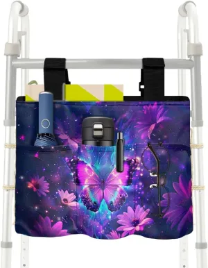LedBack Purple Flower Butterfly Walker Bag Removable Walker Accessories for Seniors Elderly, Large Capacity Storage Bags Replaceable Accessory with Fixed Ropes