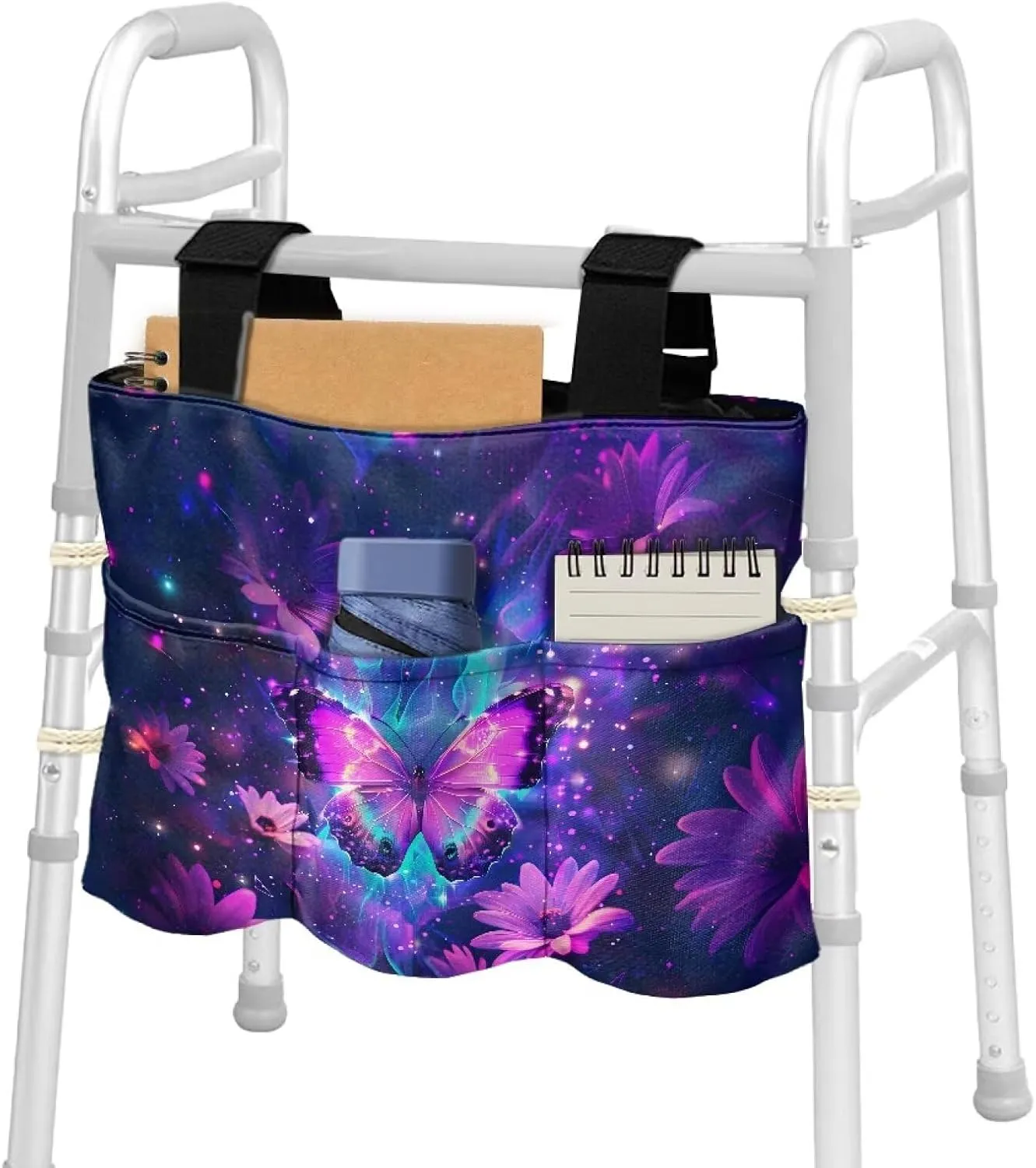 LedBack Purple Flower Butterfly Walker Bag Removable Walker Accessories for Seniors Elderly, Large Capacity Storage Bags Replaceable Accessory with Fixed Ropes