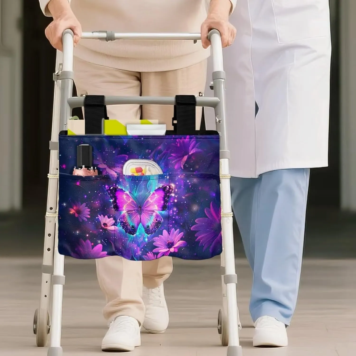 LedBack Purple Flower Butterfly Walker Bag Removable Walker Accessories for Seniors Elderly, Large Capacity Storage Bags Replaceable Accessory with Fixed Ropes