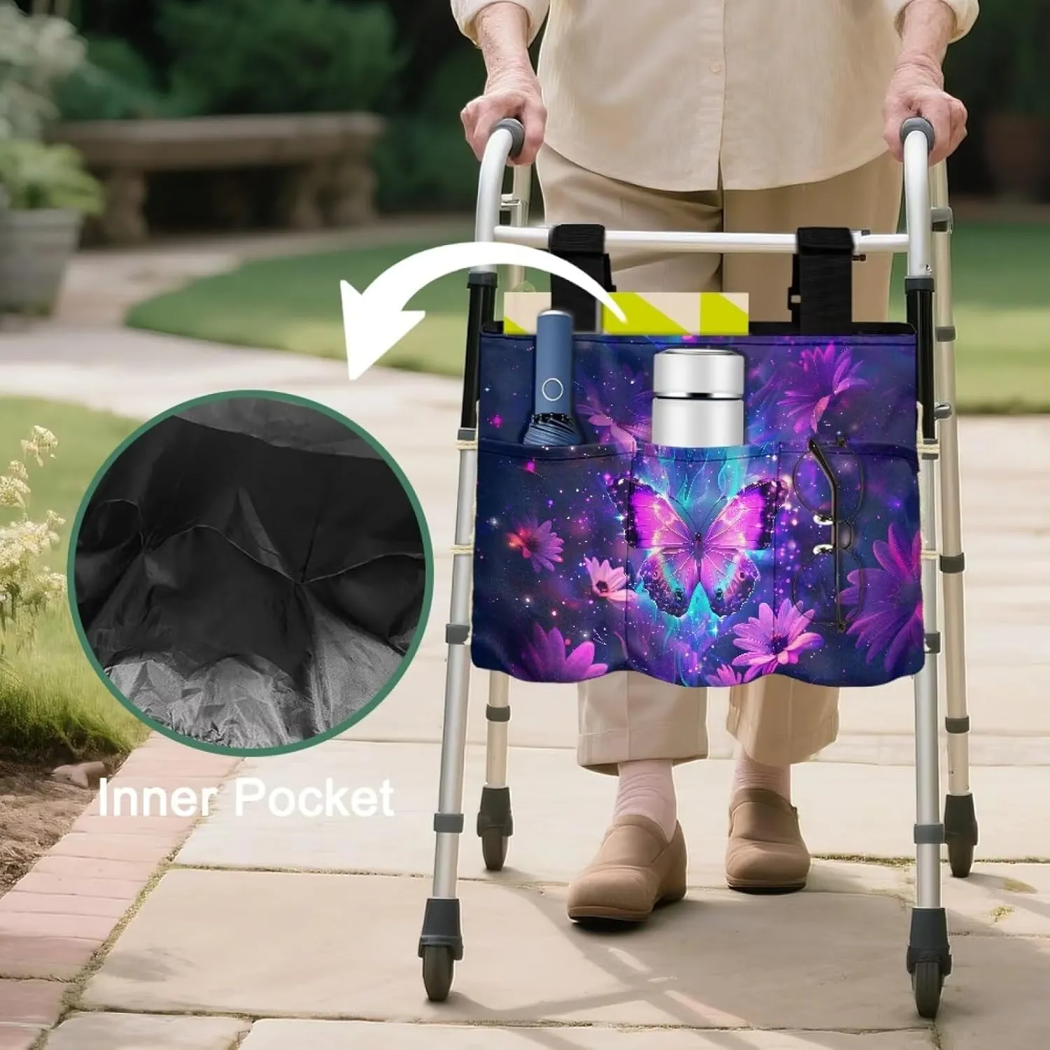 LedBack Purple Flower Butterfly Walker Bag Removable Walker Accessories for Seniors Elderly, Large Capacity Storage Bags Replaceable Accessory with Fixed Ropes