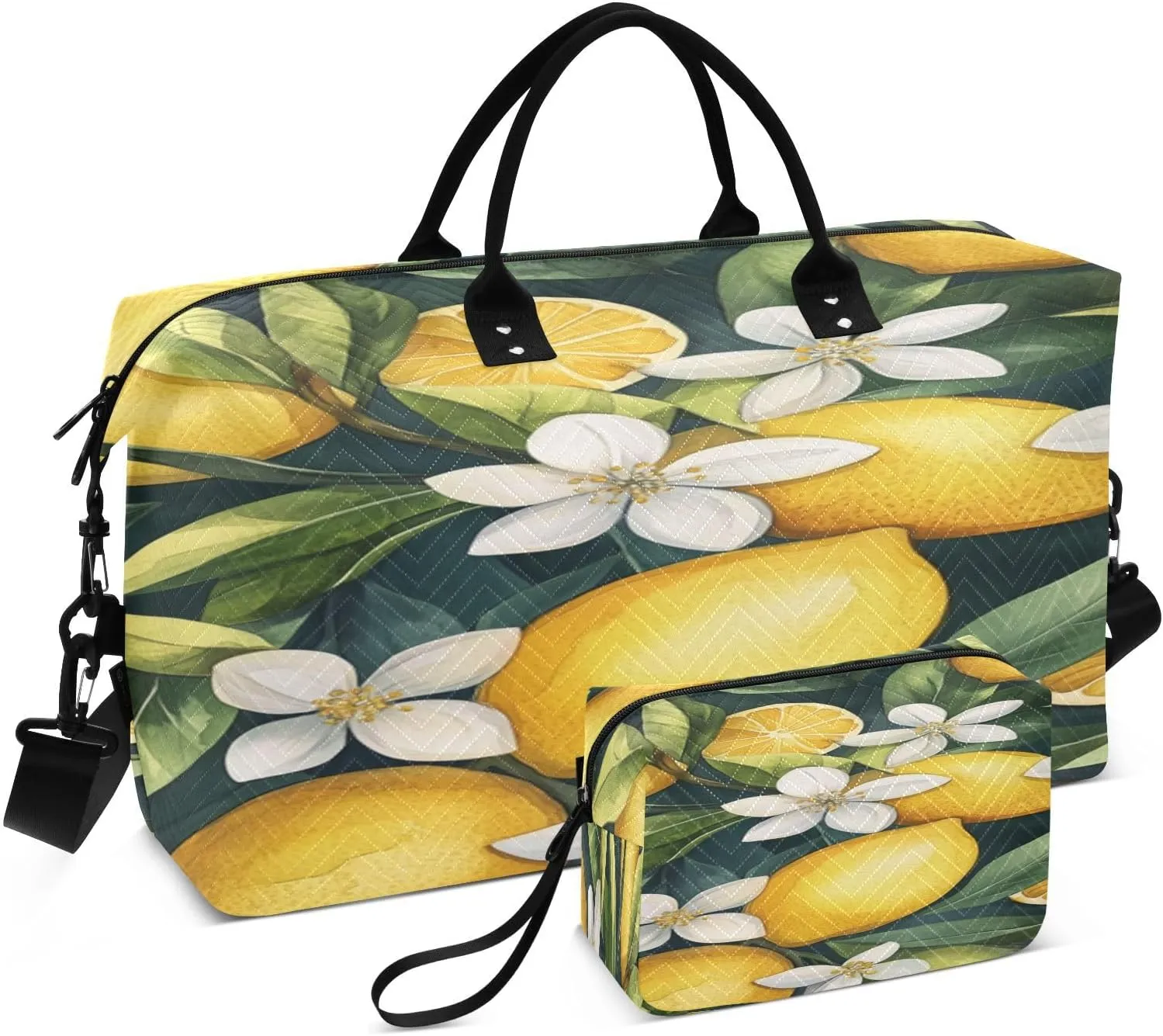 Lemon Blossom Foliage Teal Travel Duffel Bag with Toiletry Bag Weekender Bag for Carry on Sports Gym Bag for Shopping Gym Travel