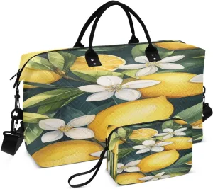 Lemon Blossom Foliage Teal Travel Duffel Bag with Toiletry Bag Weekender Bag for Carry on Sports Gym Bag for Shopping Gym Travel
