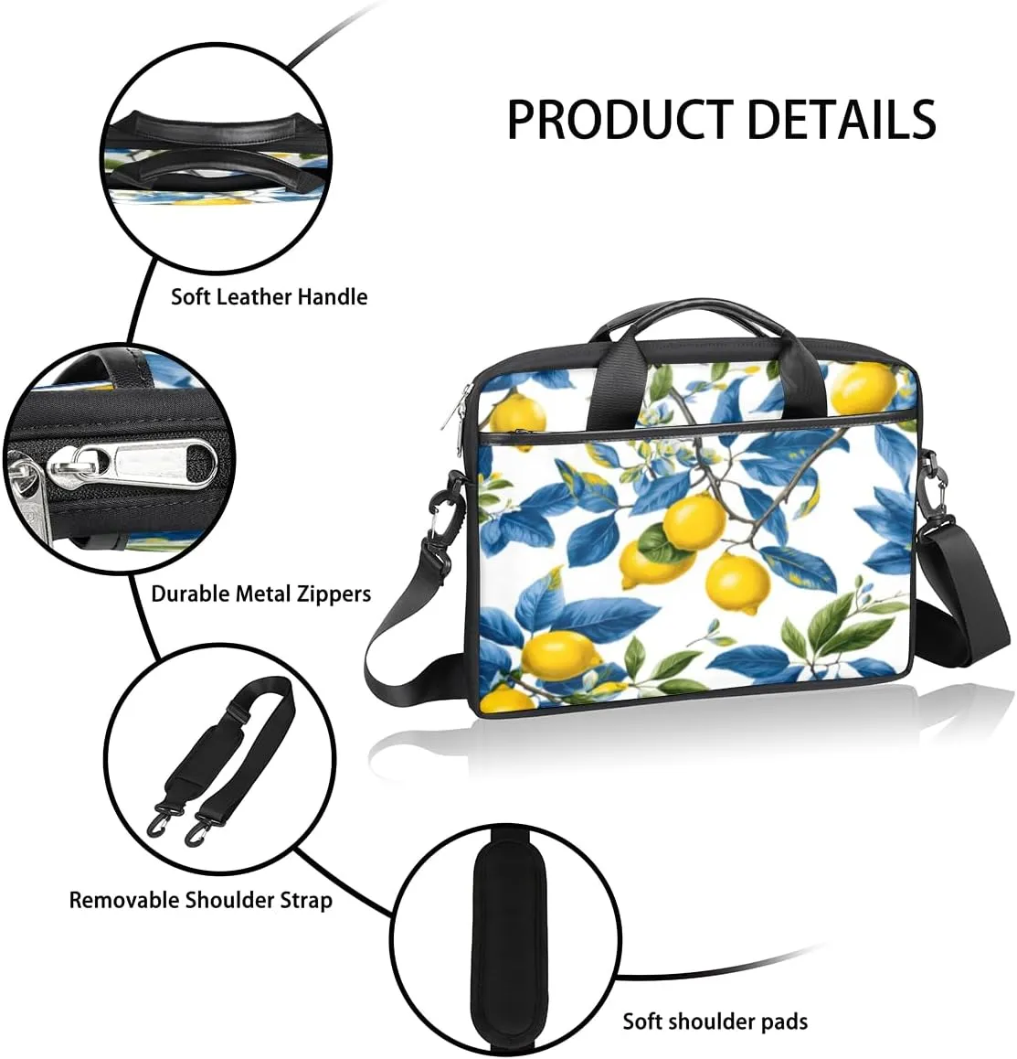Lemons Bluish Laptop Bag for Men Women 13-15 Inch Case Bags Sleeve Shoulder with Anti Slip Removable The Pad Straps(15x1x11inches)
