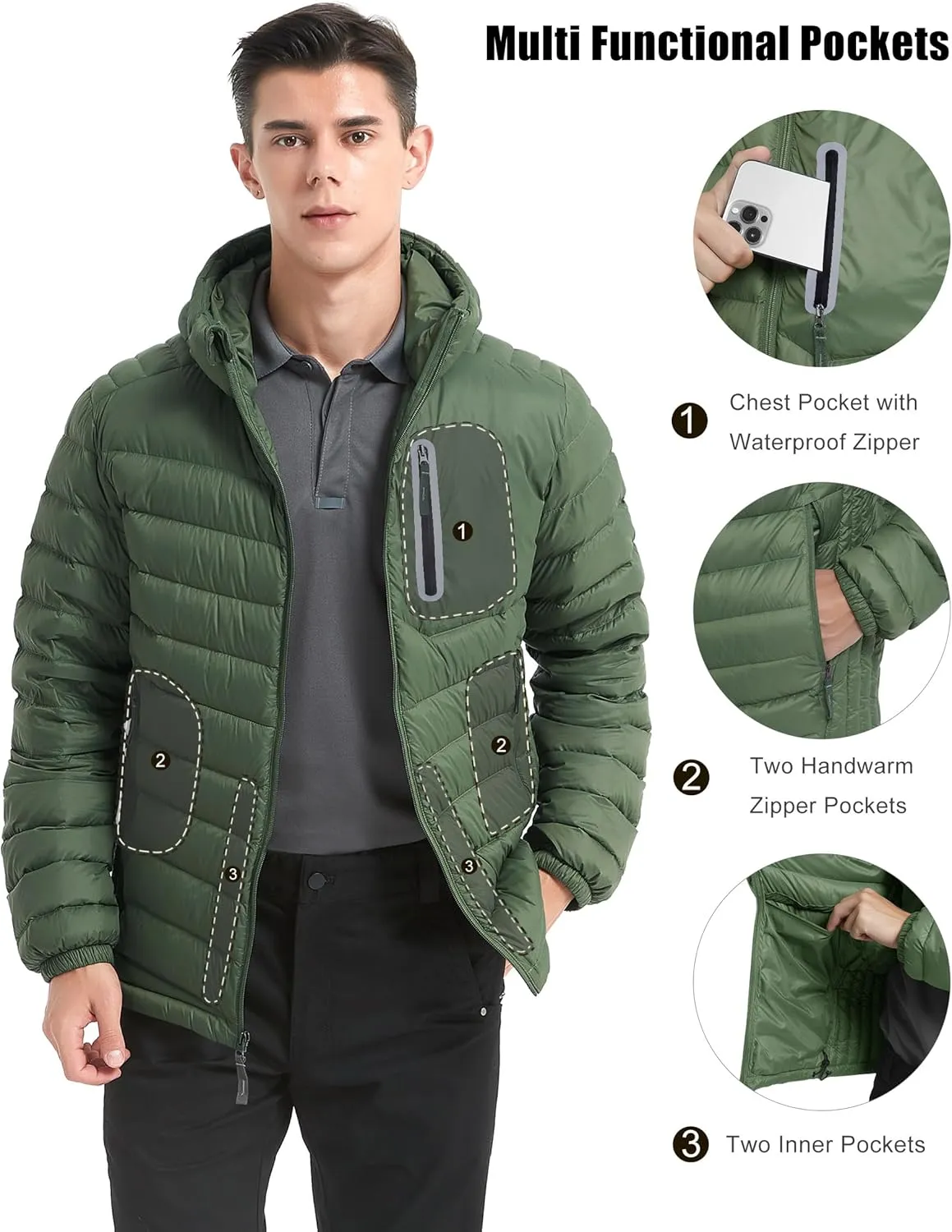 Lesmart Men Down Jacket Puffer Winter Jacket with Hooded Packable Lightweight Windproof Insulated Warm Coat