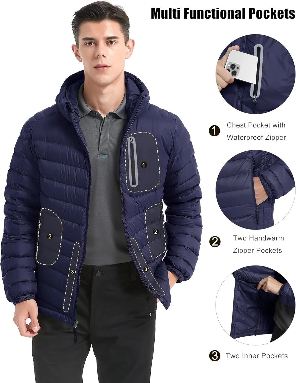 Lesmart Men Down Jacket Puffer Winter Jacket with Hooded Packable Lightweight Windproof Insulated Warm Coat