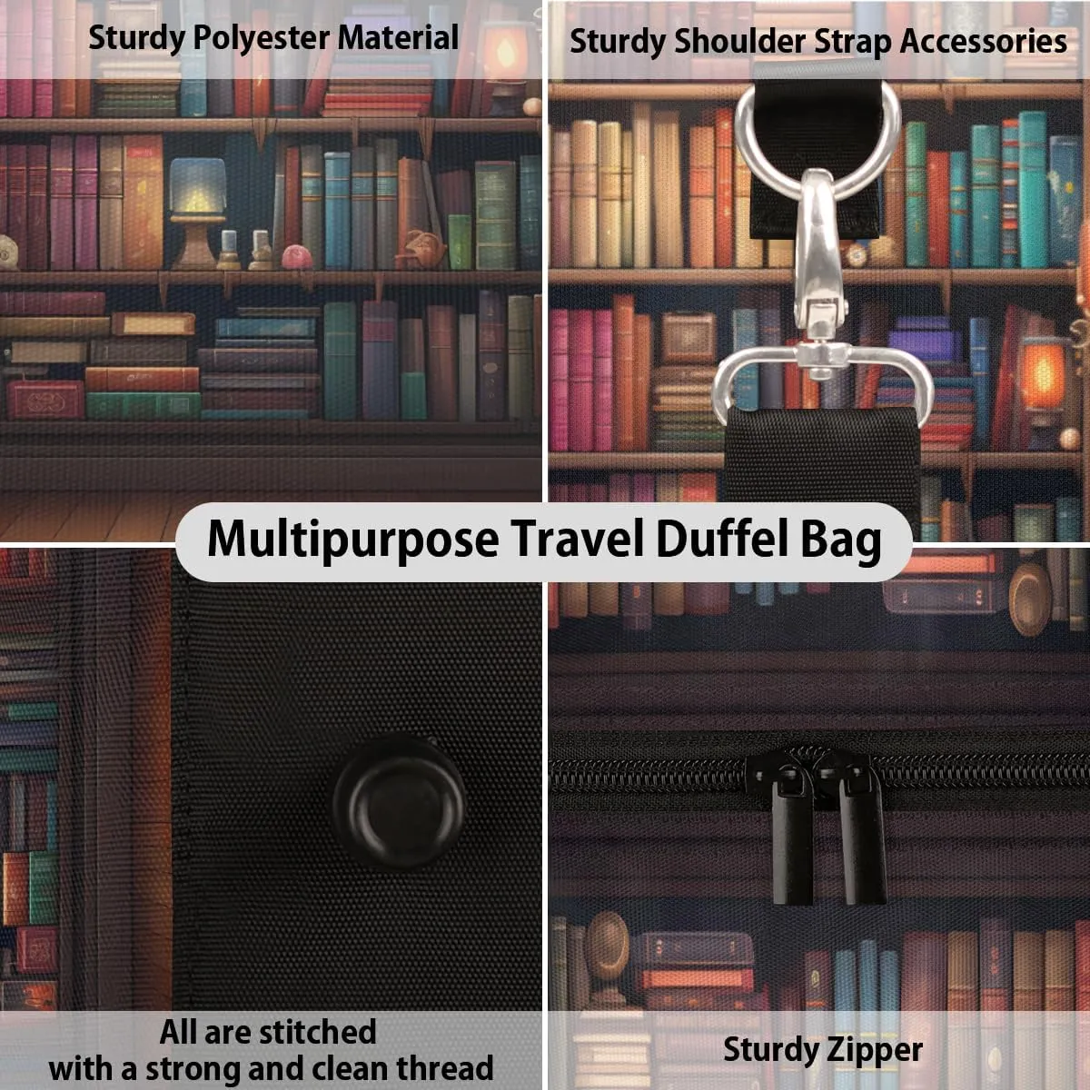 Library Travel Duffle Bag, Sports Gym Bags for Women Men, Carry On Weekender Overnight Bag, Library Bookshelf Workout Hospital Airplane Trips Bag