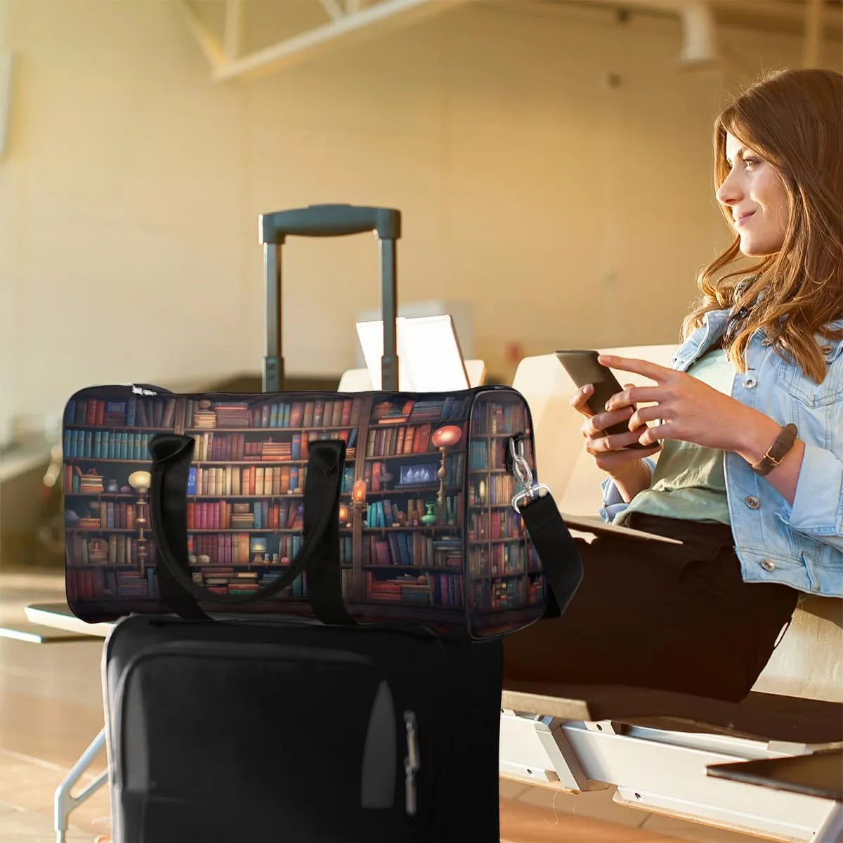 Library Travel Duffle Bag, Sports Gym Bags for Women Men, Carry On Weekender Overnight Bag, Library Bookshelf Workout Hospital Airplane Trips Bag