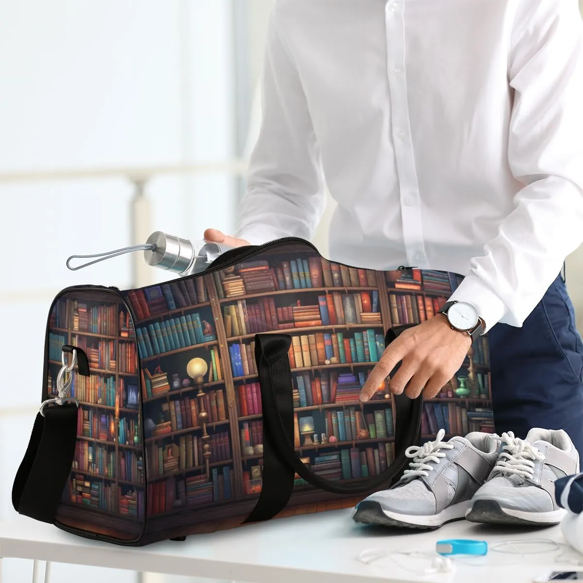 Library Travel Duffle Bag, Sports Gym Bags for Women Men, Carry On Weekender Overnight Bag, Library Bookshelf Workout Hospital Airplane Trips Bag